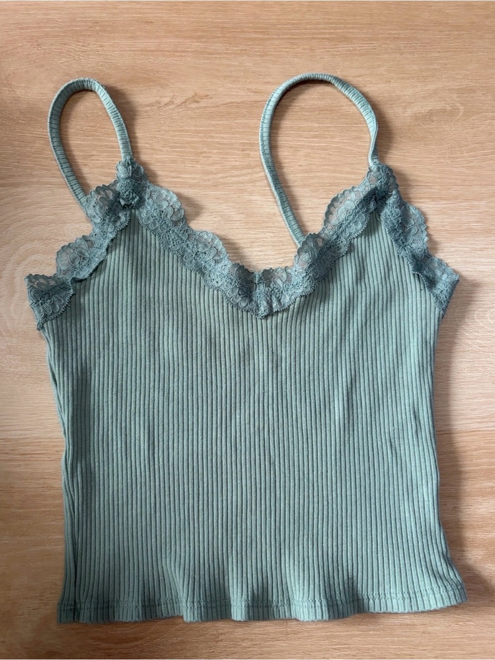 Garage Sage Green Ribbed Lace Trim Cropped Cami Tank S